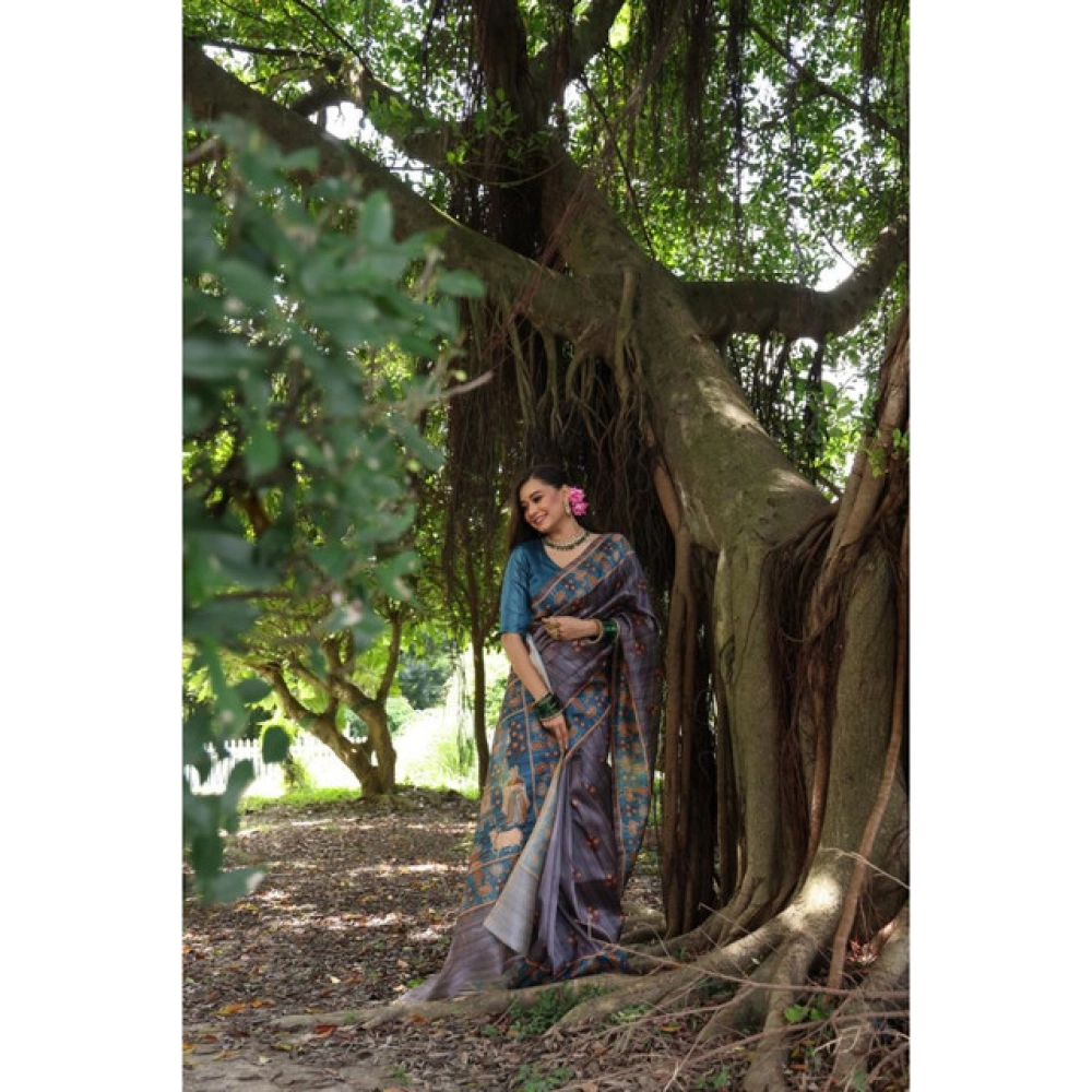Generic Women's Faux_Tussar_Silk Printed Saree With Unstitched Blouse 5.5Mtr (Grey)