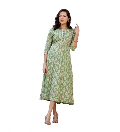 Generic Women's Rayon  Print With Embroidery Work A-Line Kurti (Green)