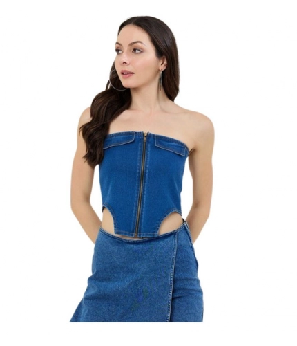 Generic Women's Denim Lycra Solid Sleeveless Top (Blue)