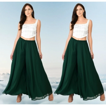Generic Women's Pack of 2 Georgette Solid High Rise Wide Leg Flared Palazzos with Elastic Waist (Bottle Green)
