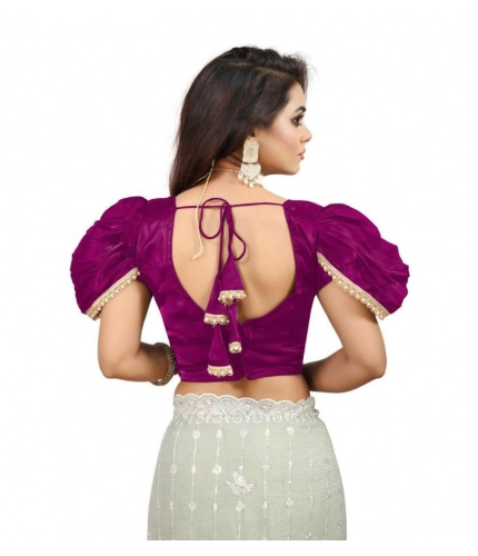 Generic Women's Jimmy Solid V Neck Puff Sleeve Readymade Blouse (Purple 38 , Alterable up to 42)-PID65843
