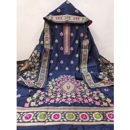 Women's Banarasi Silk Printed Unstitched Salwar Suit Material With Dupatta (Navy Blue, 3Mtrs) Women's Banarasi Silk Printed Unstitched Salwar Suit Material With Dupatta (Navy Blue, 3Mtrs)