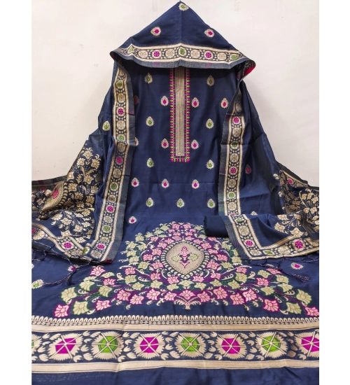 Generic Women's Banarasi Silk Printed Unstitched Salwar Suit Material With Dupatta (Navy Blue, 3Mtrs)