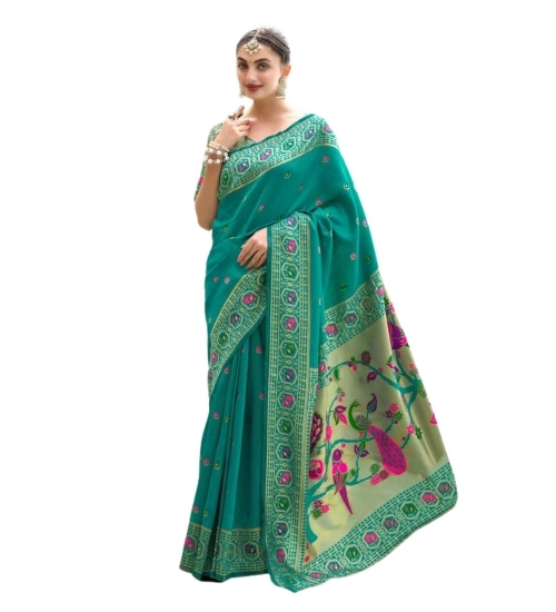 Generic Women's Silk Blend Paithani Weaving Saree With Unstitched Blouse 5.5Mtr (Green)