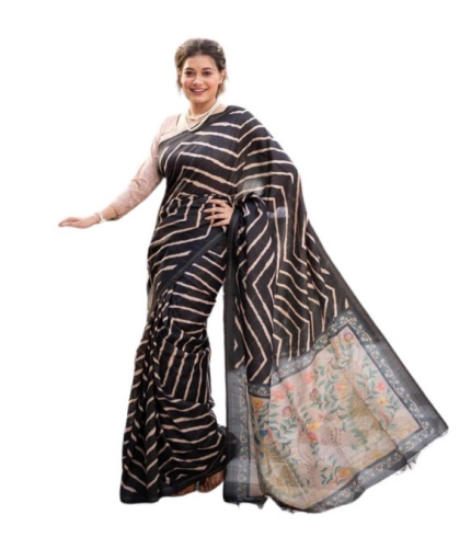 Generic Women's Faux_Tussar_Silk Geometric_Print Saree With Unstitched Blouse 5.5Mtr (Black)