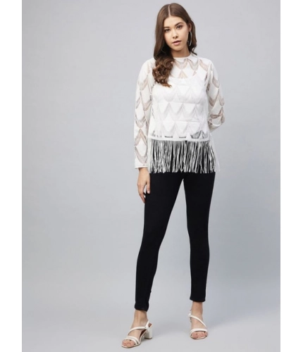 Generic Women's Lace Self Design Short Sleeve Top (White)