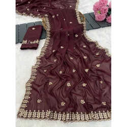 Generic Women's Georgette Embroidered Saree With Unstitched Blouse 5.5Mtr (Maroon)