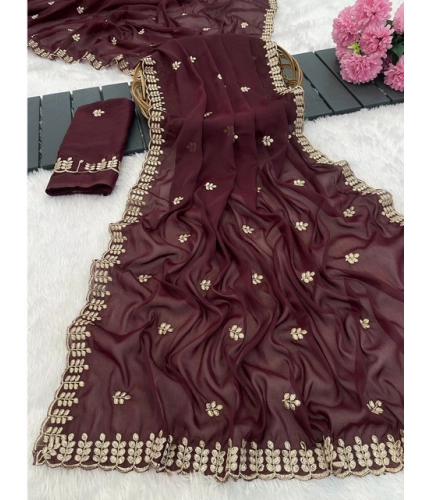 Generic Women's Georgette Embroidered Saree With Unstitched Blouse 5.5Mtr (Maroon)