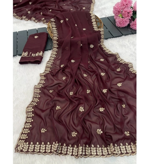 Generic Women's Georgette Embroidered Saree With Unstitched Blouse 5.5Mtr (Maroon)