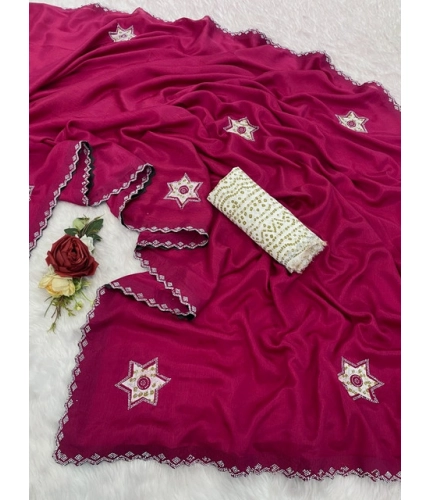 Generic Women's Chiffon Butti Dotted Saree With Unstitched Blouse 5.5Mtr (Pink)