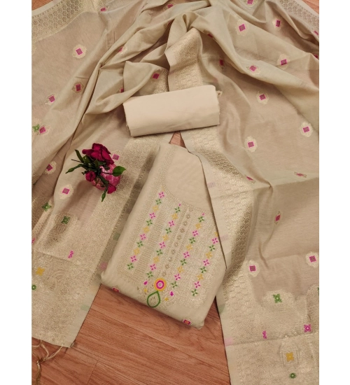 Generic Women's Banarasi Silk Printed Unstitched Salwar Suit Material With Dupatta (Cream, 3Mtrs)