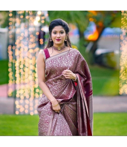 Generic Women's Soft Lichi Silk Printed Saree With Unstitched Blouse 5.5Mtr (Wine)