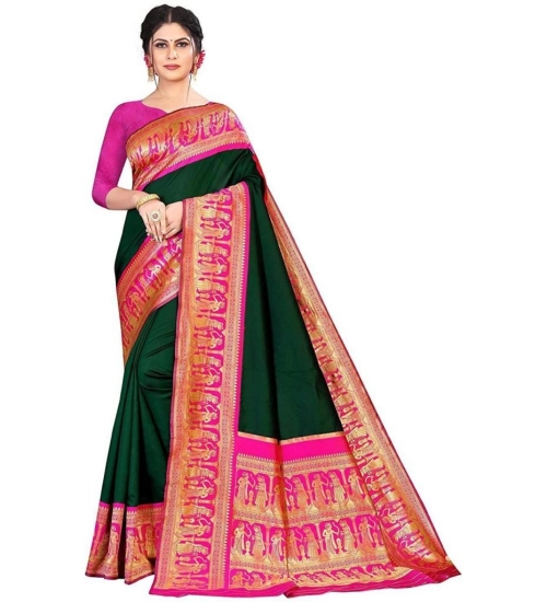 Generic Women's Soft Litchi Silk Jacquard Work Saree With Unstitched Blouse 5.5Mtr (Green)