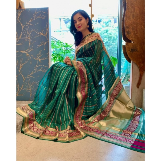 Generic Women's Soft Litchi Silk Jacquard Work Saree With Unstitched Blouse 5.5Mtr (Green)