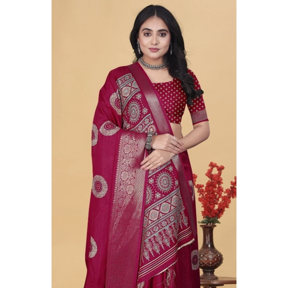 Women’s Art Silk Printed Saree With Unstitched Blouse 5.5Mtr (Pink)