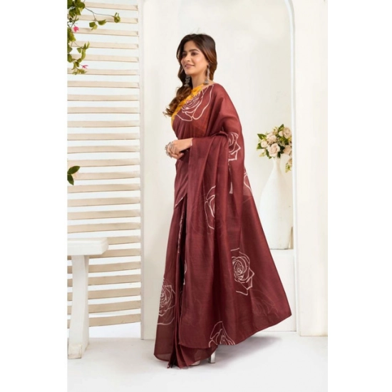 Generic Women's Faux_Linen Printed Ready-to-Wear Saree With Unstitched Blouse 5.5 Mtr (Brown)