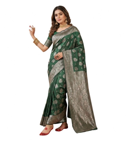 Generic Women's Silk Blend Printed Saree With Unstitched Blouse 5.5Mtr (Dark Green)