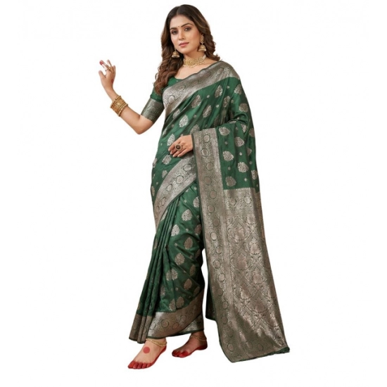 Generic Women's Silk Blend Printed Saree With Unstitched Blouse 5.5Mtr (Dark Green)