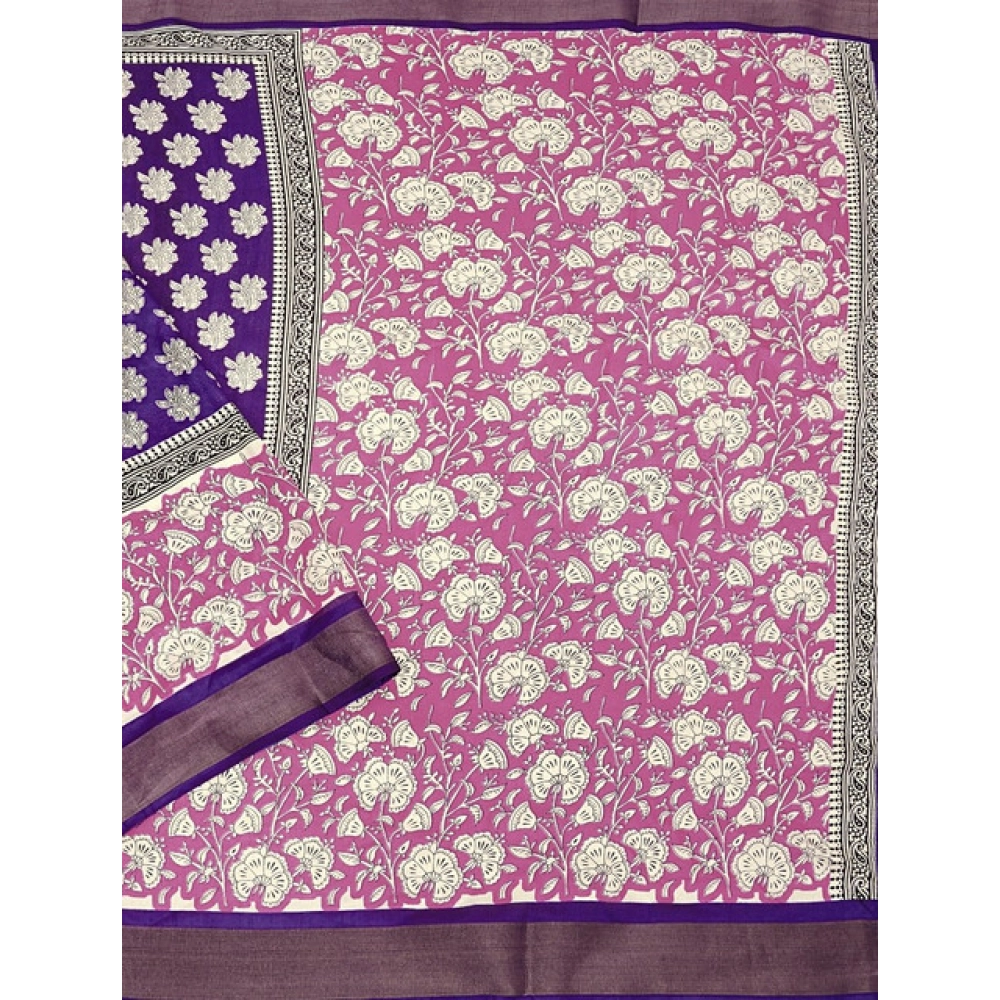 Generic Women's Cotton Blend Printed Saree With Unstitched Blouse 5.5Mtr (Purple)