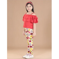 Generic Girl's Cotton Floral Elasticated Jegging and Top Set (Red)