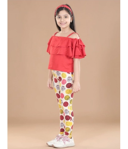 Generic Girl's Cotton Floral Elasticated Jegging and Top Set (Red)