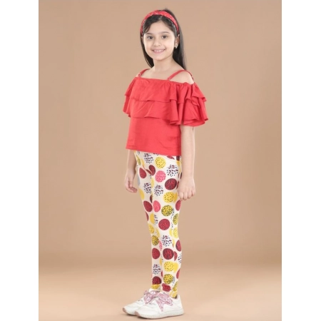 Generic Girl's Cotton Floral Elasticated Jegging and Top Set (Red)