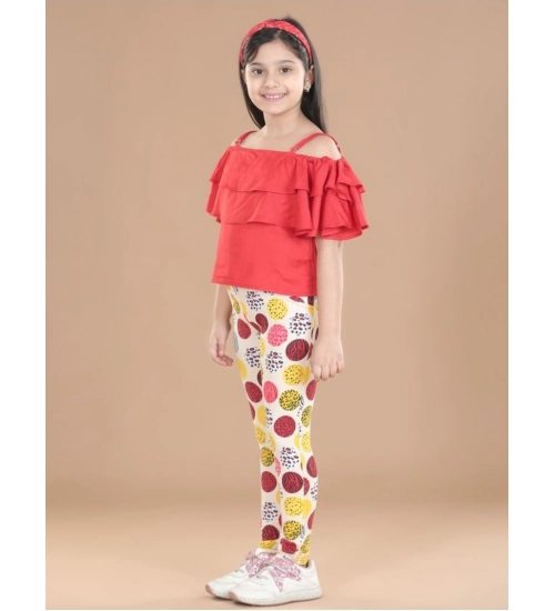 Generic Girl's Cotton Floral Elasticated Jegging and Top Set (Red)