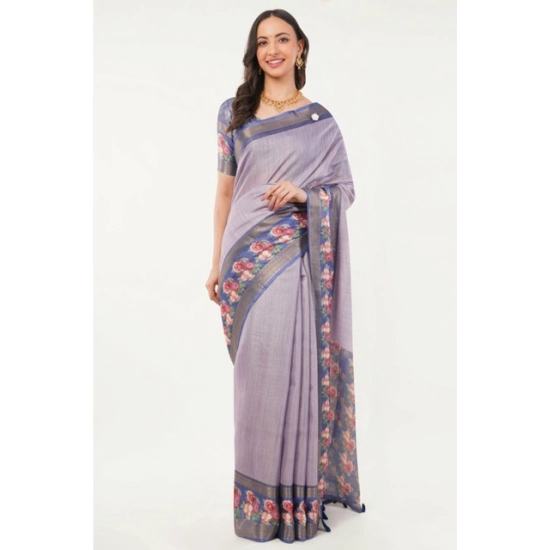 Generic Women's Polyester Printed Saree With Unstitched Blouse 5.5 Mtr (Purple)