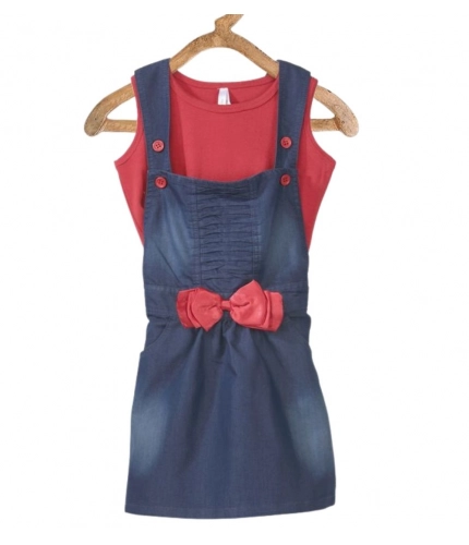 Generic Girl's Denim &amp; Cotton Bow Sleeveless Dungaree (Red)