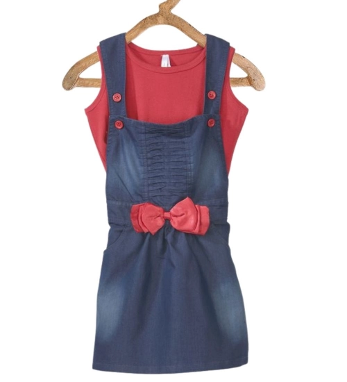 Generic Girl's Denim &amp; Cotton Bow Sleeveless Dungaree (Red)