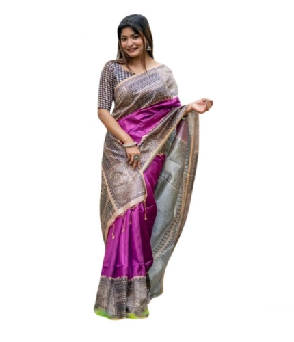 Generic Women's Faux_Tussar Geometric_Print Saree With Unstitched Blouse 5.5Mtr (Purple)