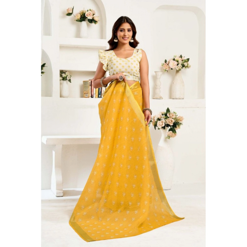 Generic Women's Linen Cotton Printed Ready To Wear Saree With Unstitched Blouse 5.5 Mtr (Yellow)