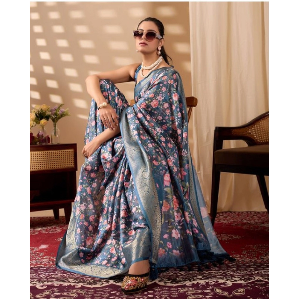 Generic Women's Faux_Silk Printed Saree With Unstitched Blouse 5.5Mtr (Blue)