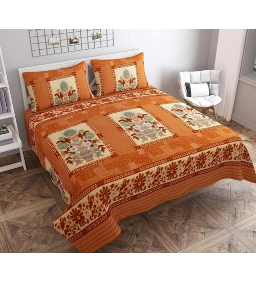 Generic Fleece Floral Printed Double Polar Warm Bedsheet with 2 Pillow Cover (Orange)