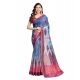 Generic Women's Semi Cotton Digital Print Saree With Unstitched Blouse 5.5Mtr (Blue)