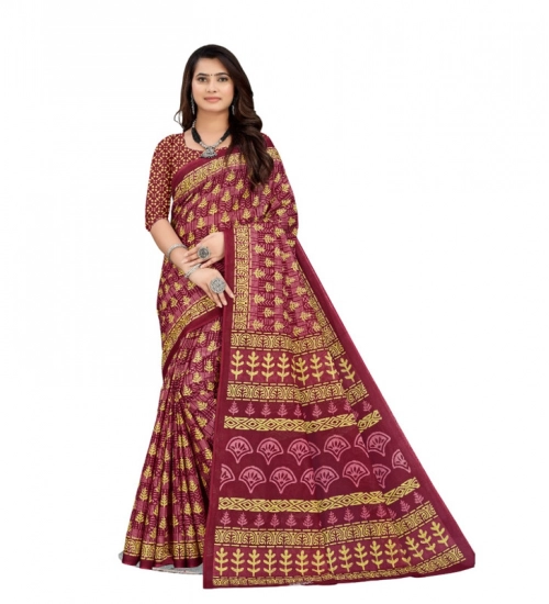 Generic Women's Soft Pure Cotton Printed Saree With Unstitched Blouse 5.5Mtr (Maroon)