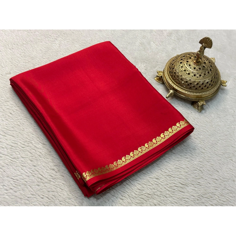 Generic Women's Crepe Chit Pallu Solid Saree With Unstitched Blouse 5.5Mtr (Red)