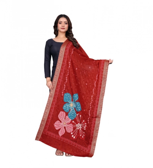 Generic Women's chanderi silk  Printed Dupatta (Red, Length: 2 Mtr)