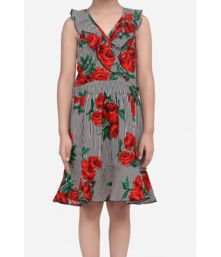 Generic Girl's Polyester Crepe Floral Shoulder Straps Dress (Red)