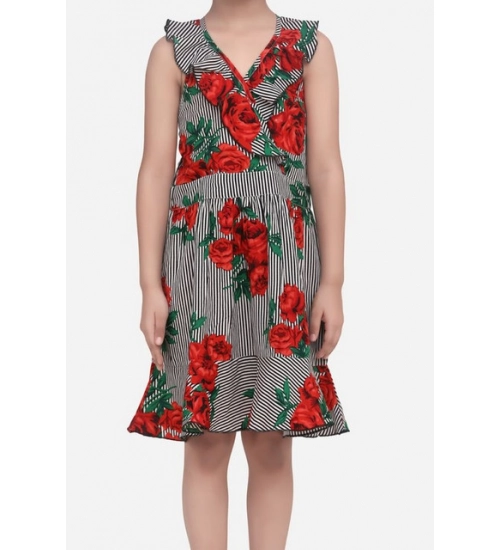 Generic Girl's Polyester Crepe Floral Shoulder Straps Dress (Red)