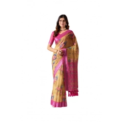 Generic Women's Faux_Linen Printed Saree With Unstitched Blouse 5.5Mtr (Gold)