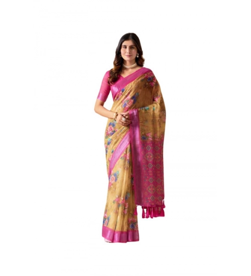 Generic Women's Faux_Linen Printed Saree With Unstitched Blouse 5.5Mtr (Gold)