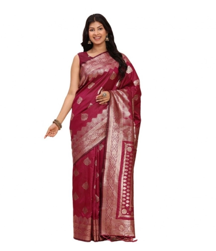 Generic Women's Banarasi Silk Printed Saree With Unstitched Blouse 5.5Mtr (Magenta)