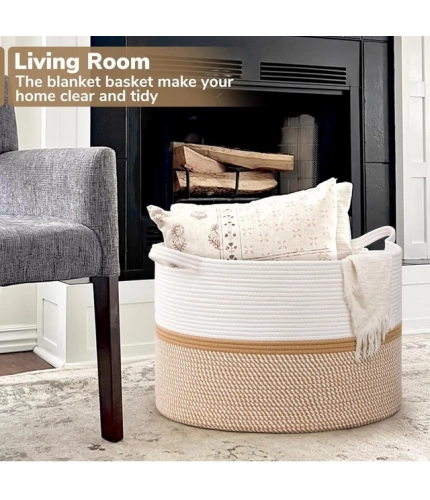 Generic Cotton Dori 16x14 Inch Storage Basket For Clothes With Out Lid (White-Beige-White)