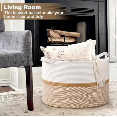 Generic Cotton Dori 16x14 Inch Storage Basket For Clothes With Out Lid (White-Beige-White)