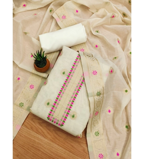 Generic Women's Banarasi Silk Printed Unstitched Salwar Suit Material With Dupatta (White, 3Mtrs)