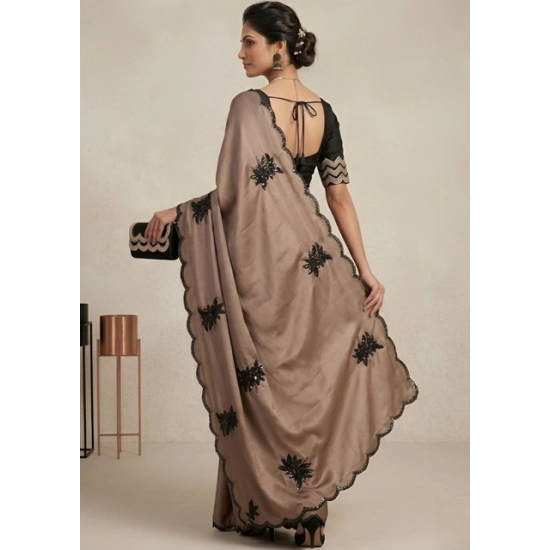 Generic Women's Viscose Silk Embroidered Saree With Unstitched Blouse 5.5Mtr (Beige)