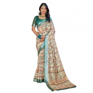 Generic Women's Printed Cotton Linen Saree withPrinted  Saree With Unstitched Blouse (Green, 5-6Mtrs)