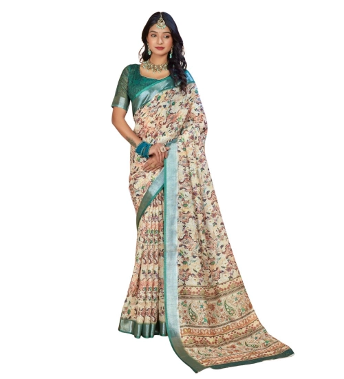 Generic Women's Printed Cotton Linen Saree withPrinted  Saree With Unstitched Blouse (Green, 5-6Mtrs)