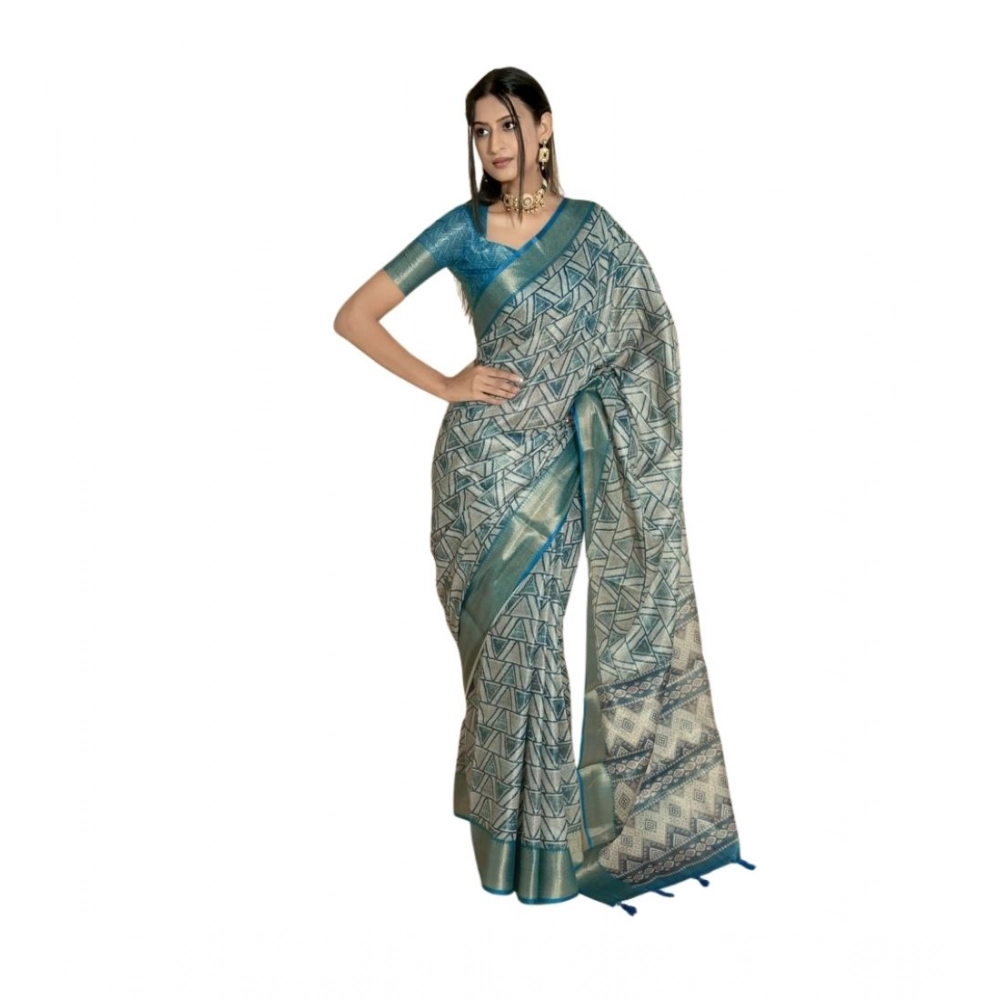 Women's Polyester Printed Saree With Unstitched Blouse 5.5 Mtr (Turquoise)
